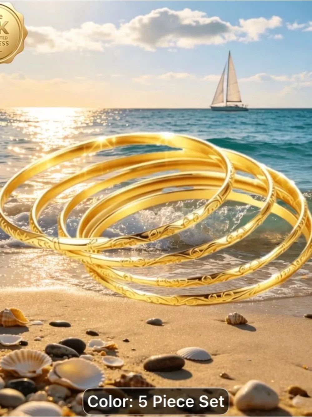 18k Gold Textured Bangle Bracelet Set - 5 Piece Women’s Jewelry